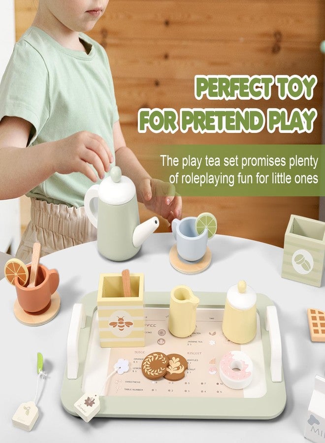 Pithfor Wooden Tea Party Set for Little Girls, Play Tea Set for Kids Toddlers, Pretend Play Kitchen Toy Gift for 1 2 3 4 5 Years Old - Image 4